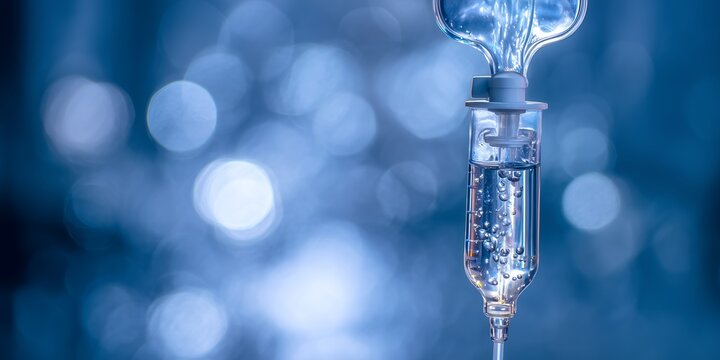Close-up of an IV drip with visible bubbles, set against a blurred blue bokeh backdrop. Concept for medical treatment, healthcare solutions and emergency care