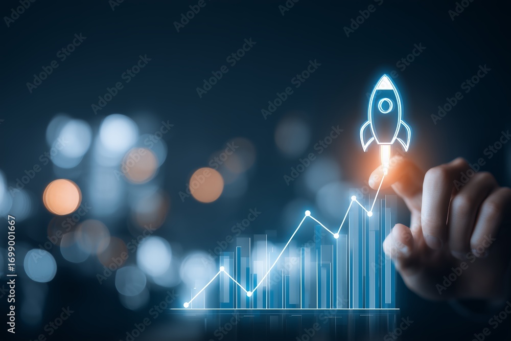 Poster hand touching virtual glowing graph with rocket launching icon on blurred bokeh background, concept 