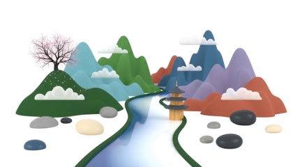 Stylized cartoon landscape with mountains, river, pagoda, and cherry blossom tree