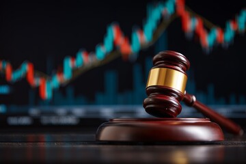 Wooden gavel and blurry candlestick charts displayed on a screen, concept for financial law, economic regulations and investment analysis