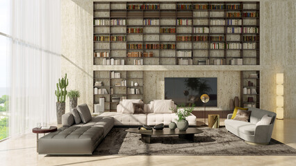 Large luxury modern bright interiors Living room mockup illustration 3D rendering image