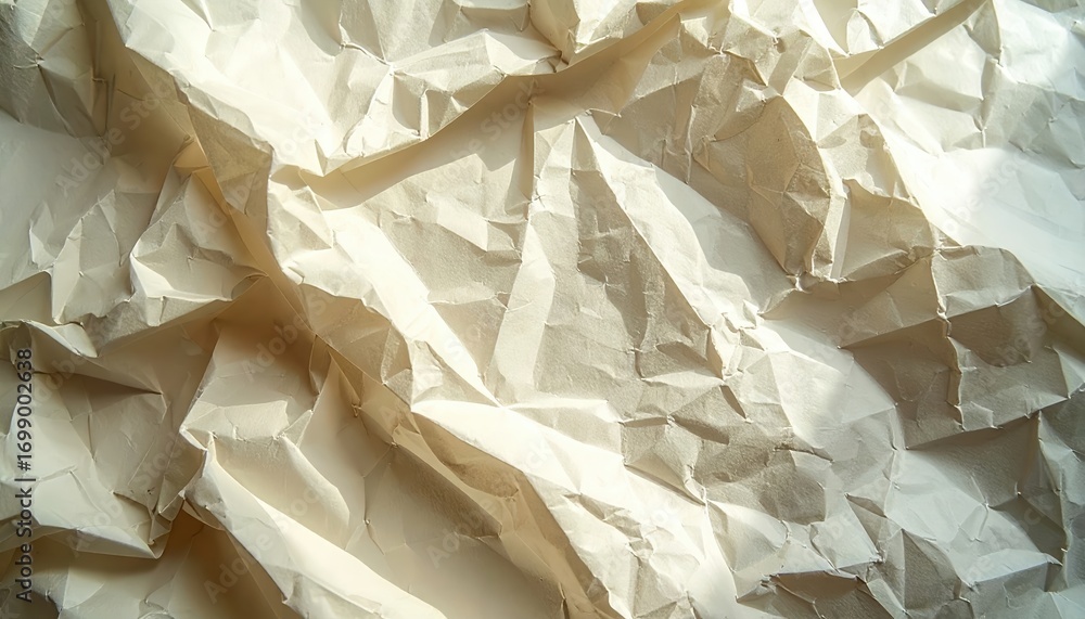 Aufkleber an overhead close-up shows the intricate texture of crumpled, off-white paper illuminated by bright 