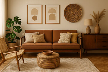 modern home decor bohemian. A cozy, modern living room featuring a brown sofa, decorative pillows, woven accents, and greenery, creating a warm and inviting atmosphere.