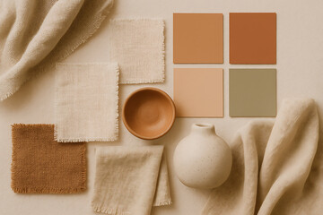 modern home decor bohemian. A serene arrangement of fabric swatches, color samples, and a ceramic pot, showcasing a warm, earthy aesthetic.