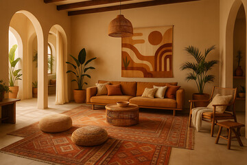 modern home decor bohemian. A warm, inviting living room with earthy tones, bohemian decor, plants, and a cozy atmosphere highlighted by natural light.