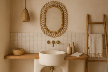 modern home decor bohemian. A warm, minimalist bathroom featuring natural materials, a round mirror, and soft tones, creating a serene and inviting atmosphere.