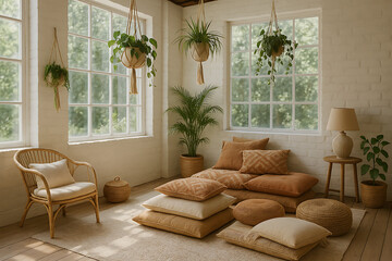 modern home decor bohemian. A cozy, sunlit room featuring earthy tones, soft cushions, and indoor plants, creating a warm and inviting atmosphere for relaxation.