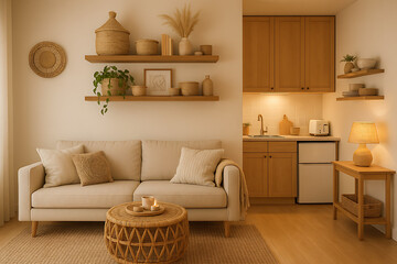 modern home decor bohemian. A cozy, modern living space featuring a beige sofa, wooden accents, and warm lighting, creating a welcoming atmosphere.
