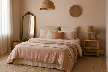 modern home decor bohemian. A cozy bedroom featuring soft, neutral tones, layered bedding, natural textures, and stylish decor elements like woven baskets and a full-length mirror.