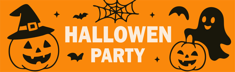 Halloween Party Banner with Pumpkin, Ghost, Bat, and Spider Web in Flat Vector Style