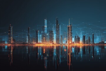 Distant skyline view of a modern city with light trails reflected in water at night. concept for urban planning, data visualization and futuristic development