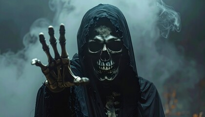 Grim reaper reaching towards the camera over dark background with copy space