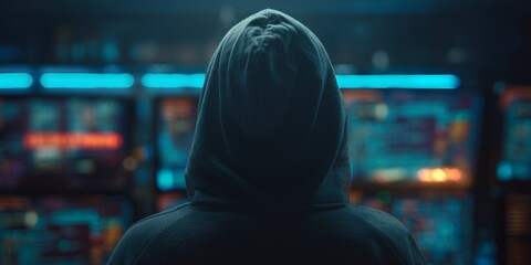 Back view of hooded figure in dark room filled with glowing screens, data streams and server racks. Concept for cybersecurity investigation, network infrastructure and digital threat intelligence
