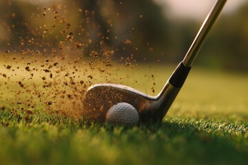 Close-up of golf club hitting ball with dirt flying on green grass, vibrant action, concept for golf tournament promotion, sports equipment advertising and outdoor recreation event marketing