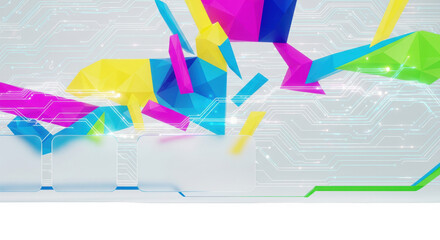 Vibrant polygon fragments cascading over circuit backdrop, futuristic concept