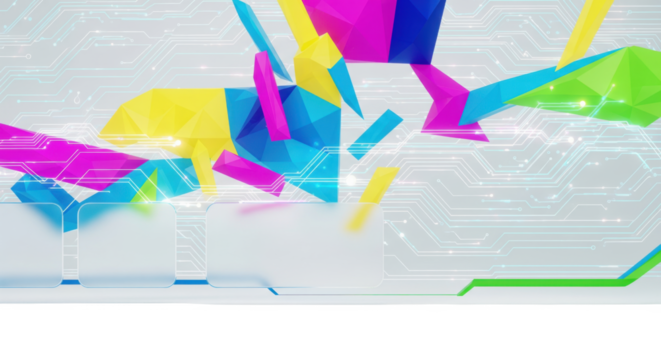 Vibrant polygon fragments cascading over circuit backdrop, futuristic concept