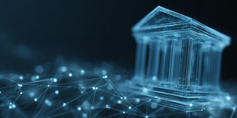 Digital schematic of a classical building with connection nodes on a dark background, concept for digital finance, banking infrastructure and blockchain technology