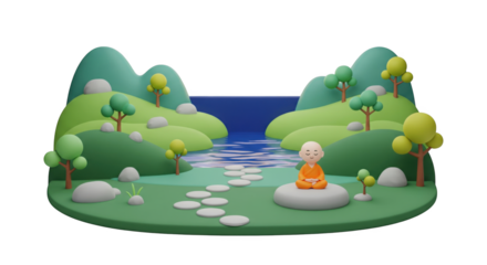Serene cartoon landscape with meditating monk, promoting tranquility and mindfulness