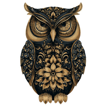 Ornamental Owl in Detail: A meticulously crafted illustration of an owl with detailed golden and dark blue patterns, exuding an aura of wisdom and sophistication, ideal for various design projects.