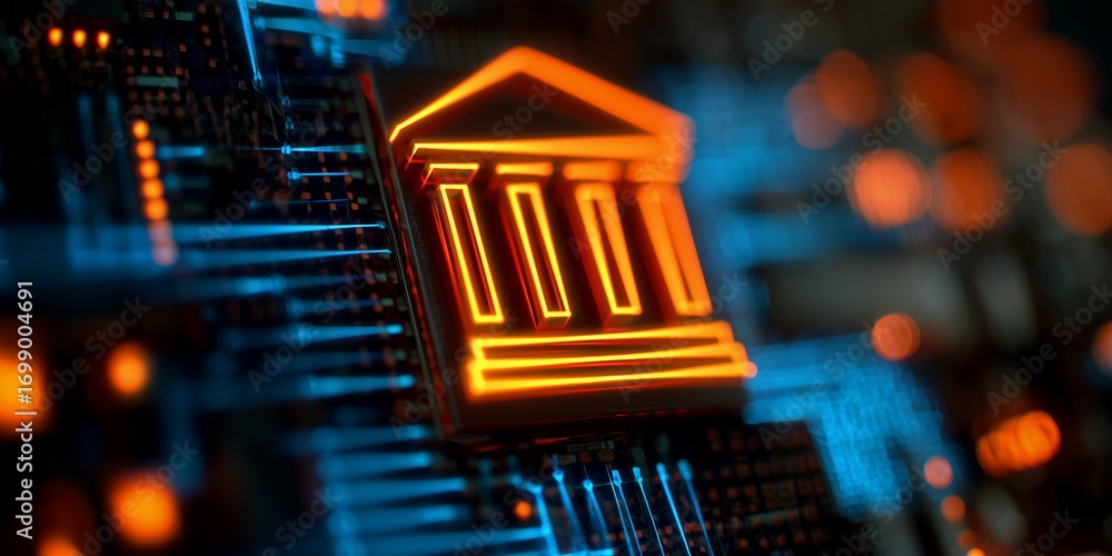 Poster glowing bank icon on digital circuit board, showing financial technology integration. concept for fi