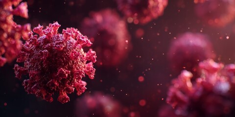 Detailed rendering of several coronavirus virions with spikes, concept for medical illustration, public health awareness and virology research