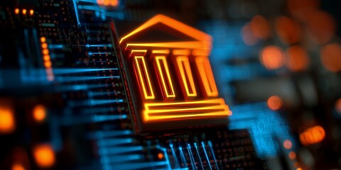 Glowing bank icon on digital circuit board, showing financial technology integration. Concept for fintech solutions, secure banking and blockchain infrastructure
