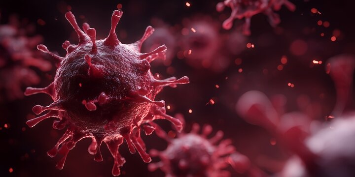 Detailed close-up rendering of a red virus cell with spikes, surrounded by bokeh particles, concept for medical research, pandemic awareness and virology studies
