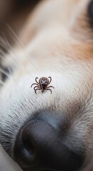 Obraz premium Tick parasite crawling on dog fur close up. Dangerous disease carrier. Pet health concern and pest control concept.