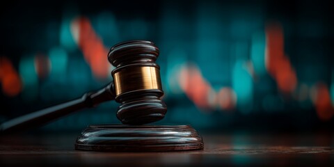 Wooden gavel resting on sound block with stock market chart in background, concept for financial crime, regulatory compliance and investment decision
