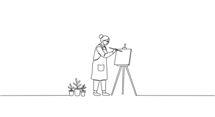 Artist painting on easel in line style with transparent background  