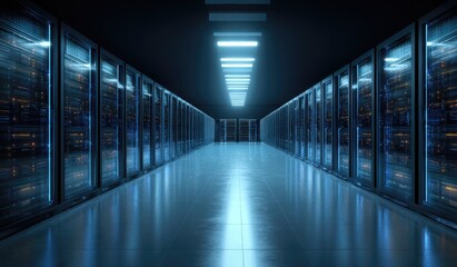 Dark server room, rows of  metal racks, lit by blue light