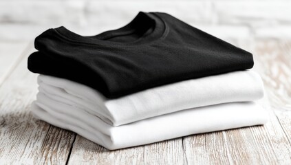Stack of black and white t-shirts on a light wooden surface
