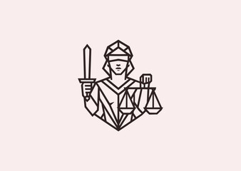 A geometric line art logo of Nemesis with scales of justice, symbolizing balance, fairness, retribution, and divine justice