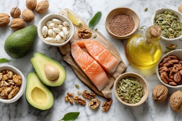 Assorted healthy fats and oils, arranged on a marble surface.  Fresh salmon fillets, avocados, nuts, seeds, and citrus fruit are visible.  A variety of sources of omega-3s and healthy fats