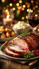 Delicious holiday feast featuring roasted ham, side dishes, and wine in a cozy setting with festive decorations