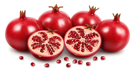 Fresh red pomegranates, whole and cut open, showing shiny juicy seeds on white background