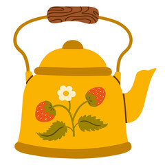 A bright yellow teapot with a wooden handle, decorated with strawberries, leaves, and a white flower. Perfect for themes of tea, cozy kitchen, rustic lifestyle, countryside, and warm homemade drinks.