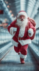 Santa Claus hurries through a bustling terminal with a large sack on his back during holiday season preparations