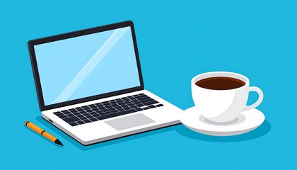 A laptop computer, a cup of coffee, and a pen sit on a bright, flat, light-blue surface, showcasing a simple, modern workspace.