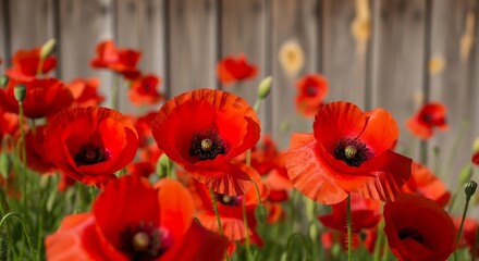 Fototapeta premium Vibrant Red Poppy Flowers Blooming in a Field with Wooden Fence Backdrop Springtime Floral Landscape