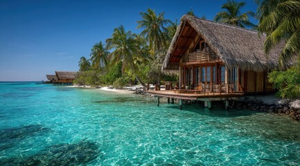 Tropical overwater bungalows nestled on a pristine beach