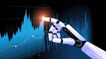 AI robot hand analyzing stock market data trends for modern business strategy and financial growth concept