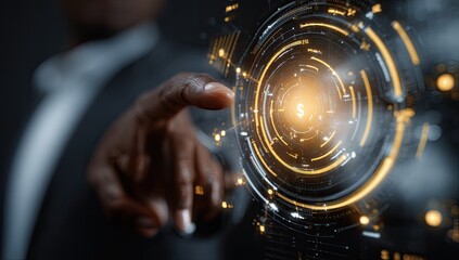 Close-up of a person's hand interacting with a holographic financial interface