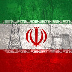 Iranian flag with grunge texture, oil rig, and power plant silhouettes