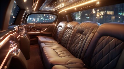 Luxurious limousine interior featuring elegant leather seating and ambient lighting creates a sophisticated setting
