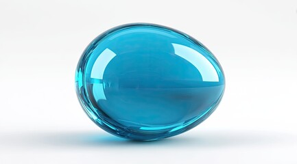 A glossy, teal-colored, smooth, oval-shaped, glass object sits on a white surface.  Its reflective surface catches light, creating a visual depth