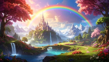 A breathtaking, colorful fantasy landscape showcases a majestic castle nestled amidst a vibrant mountain valley, with a flowing river, waterfalls, and a prominent rainbow arching across the sky.