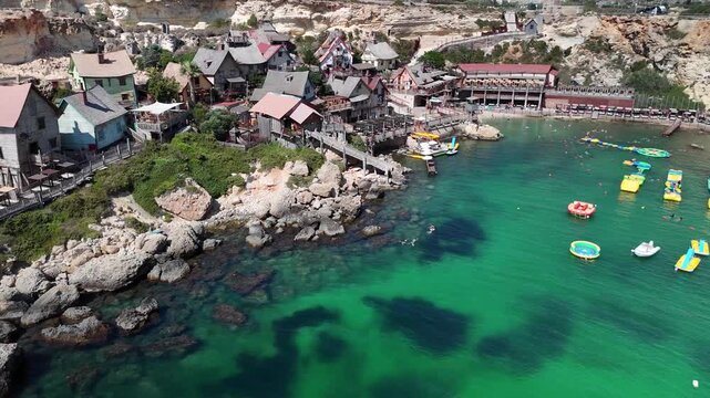 Aerial drone video of Popeye village in Malta