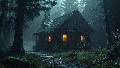 Misty forest cabin at night