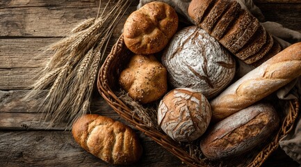 Assorted baked goods in a woven basket on a rustic wooden surface.  Ear of wheat sprigs are in the image